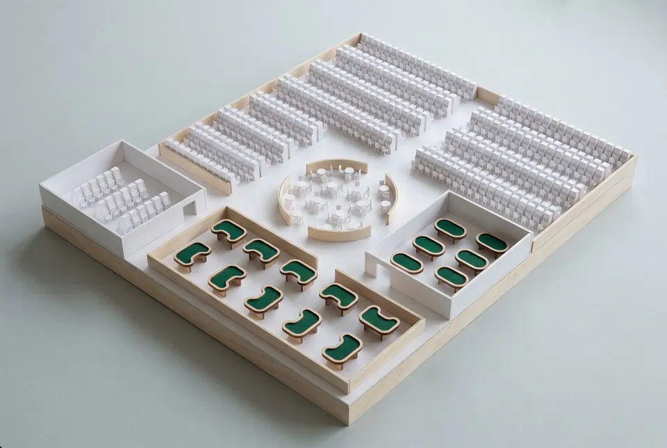 A white architectural scale model of a casino floor seen from above at an angle: rows of tiny slot cabinets, a walled room of machines, ten small green-felt tables, a room of eight oval tables and a round restaurant in the middle.