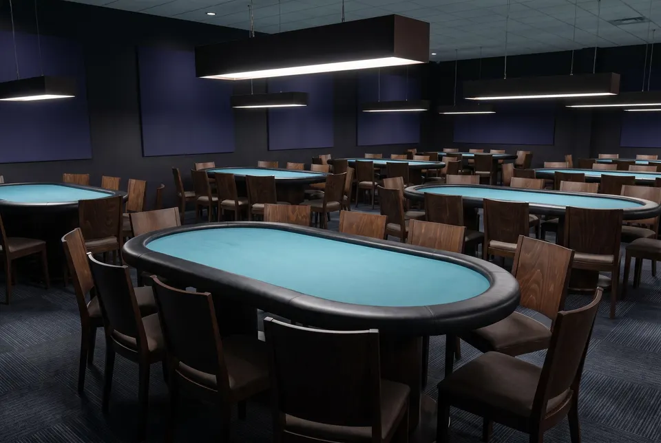 An empty oval poker table with plain blue-green felt and a black rail, wooden chairs around it and more oval tables under rectangular pendant lights.